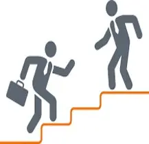 Icon of Two Figures Climbing Stairs Together Two figures climbing stairs; one in a suit with a briefcase and another extending a helping hand, symbolizing collaborative culture