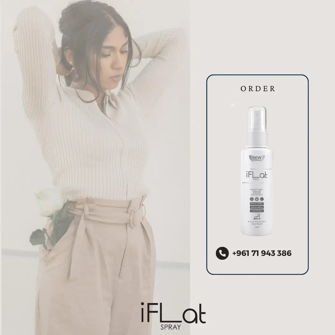 iFLAT Spray - Instantly Remove Wrinkles from Clothes in Just 20 Seconds! Woman posing with iFLAT Spray wrinkle remover bottle in product advertisement