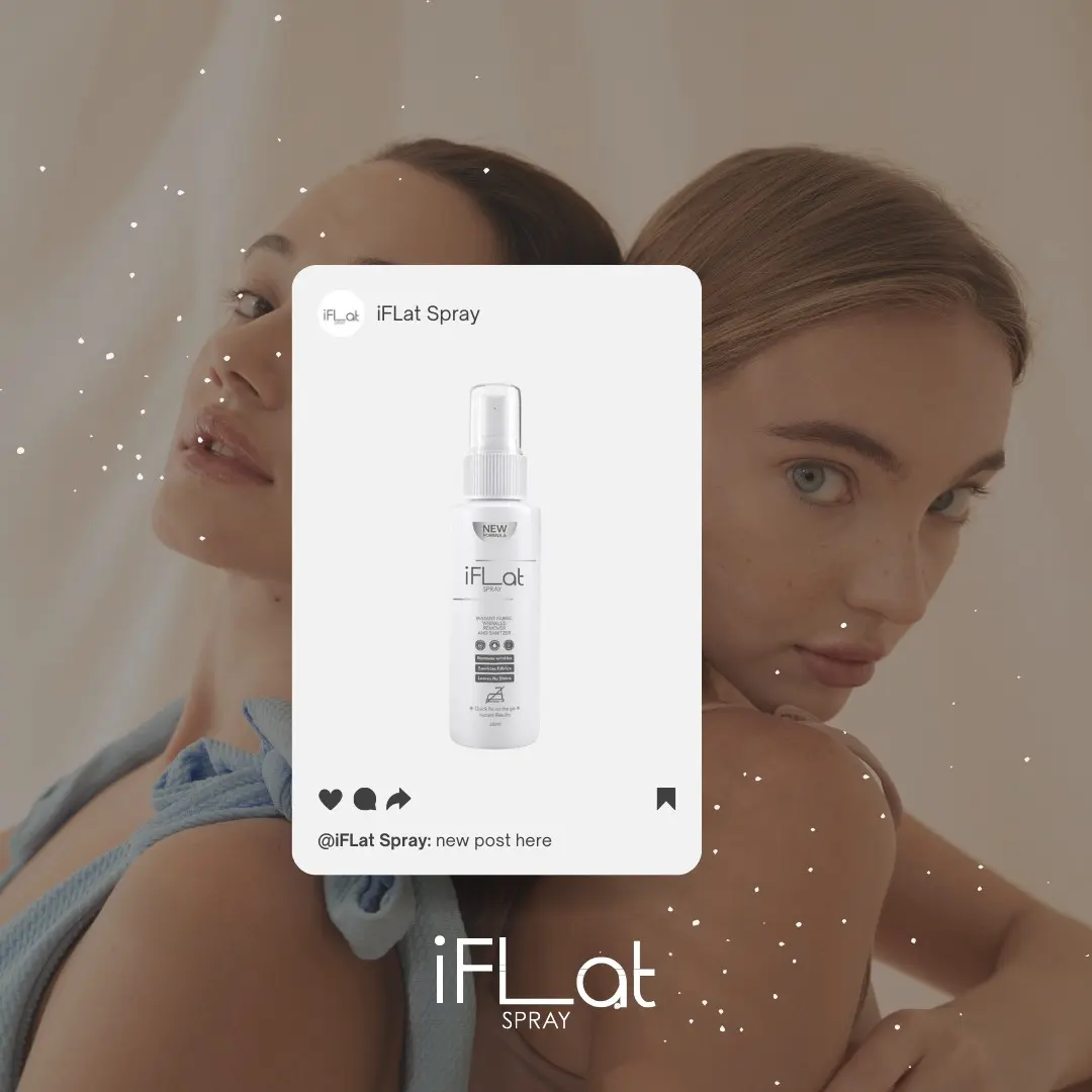 iFLAT Spray - Remove Wrinkles from Clothes in Just 20 Seconds! Shop Now! iFLAT Spray advertisement featuring text overlay and social media icons for wrinkle removal in 20 seconds