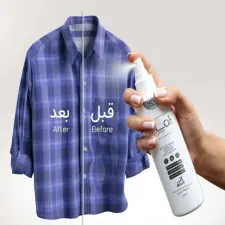 iFLAT Spray - Transform Your Clothes in 20 Seconds: Before and After Results! Hand holding iFLAT Spray fabric wrinkle remover next to half-cleaned checkered shirt with Before and After labels