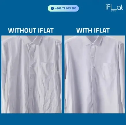 Wrinkled vs. Smooth White Shirt | The Transformative Power of iFlat Spray Comparison of two white shirts: left shirt is wrinkled without spray, and right shirt is smooth after using iFLAT spray. Wrinkled vs. Smooth White Shirts | The Transformative Power of iFLAT Spray