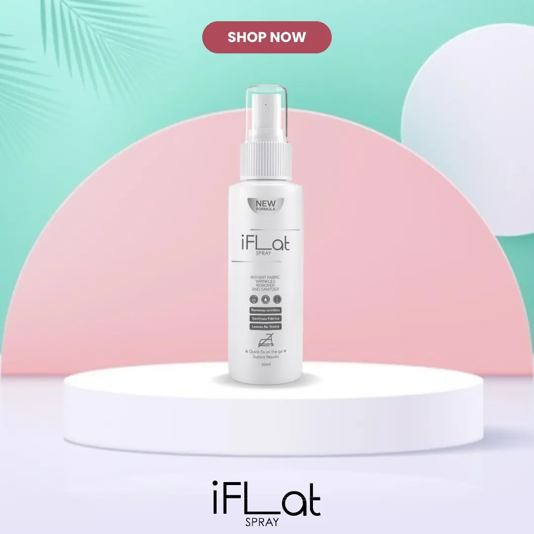 iFLAT Spray - Remove Wrinkles from Clothes in Just 20 Seconds! Shop Now! iFLAT Spray bottle on a pedestal with vibrant background and 'Shop Now' button in product advertisement